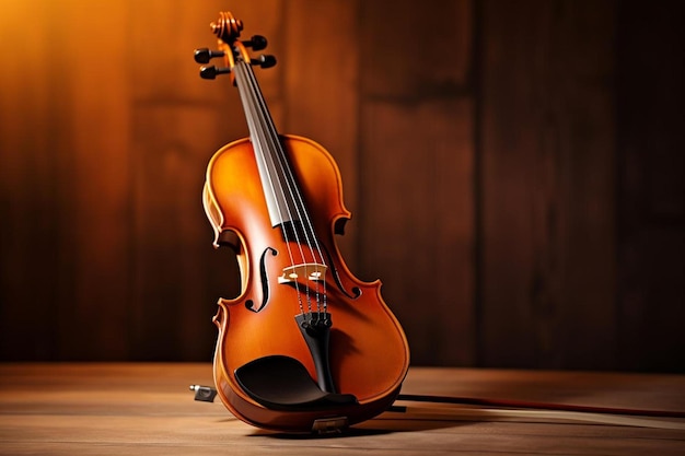 un violon est assis sur une table avec un fond en bois.