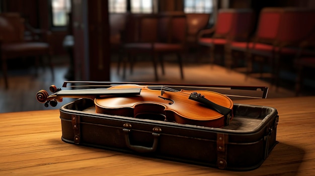 un violon est sur un sol en bois avec un boîtier qui dit le violon