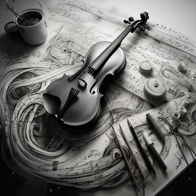 Photo un violon est sur une table avec un dessin d'un violon.