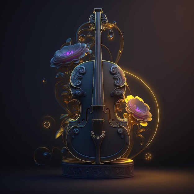 Un violon avec une fleur dessus et un fond noir.