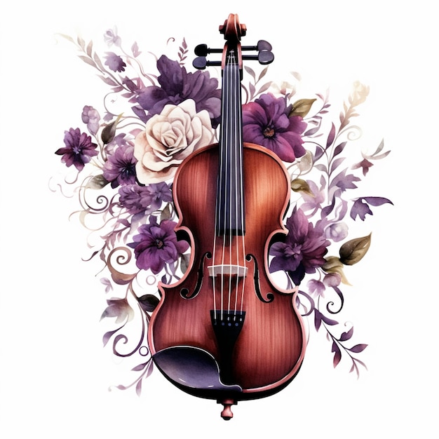 Un violon avec une fleur dessus et le mot " musique " en bas.