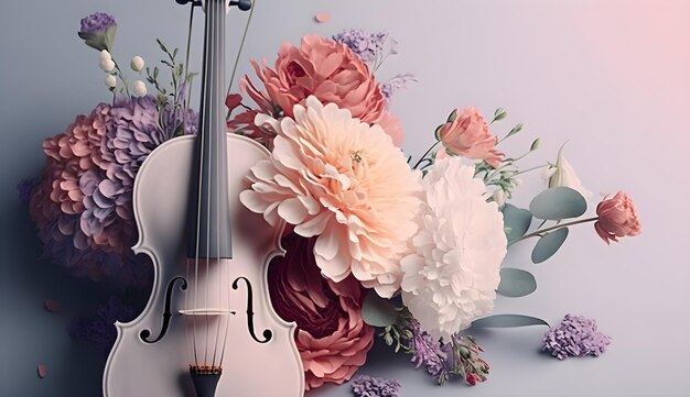 Un violon et des fleurs sont sur une table.