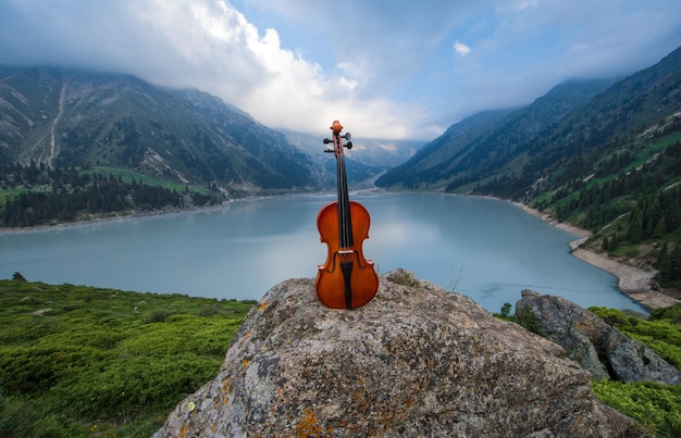 violon sur un lac de montagne