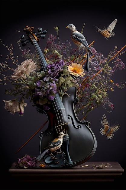 Un violon noir avec un oiseau dessus et un papillon sur le côté.