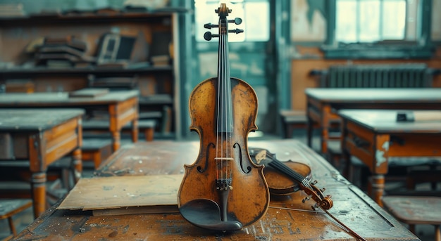 Le violon reposant sur une table en bois