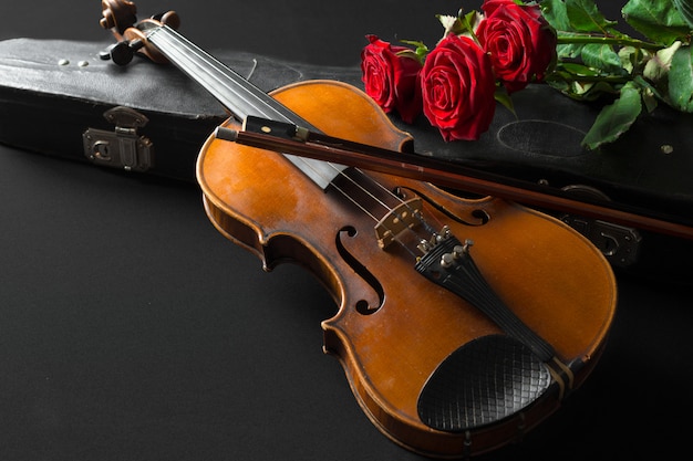 Violon et rose sur fond noir.