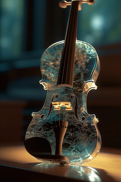 Un violon avec une surface en verre bleu et le mot violon dessus.