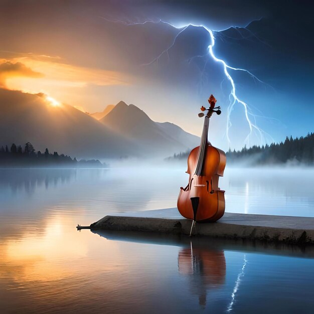 Un violon et un violon sont sur un quai devant un lac.