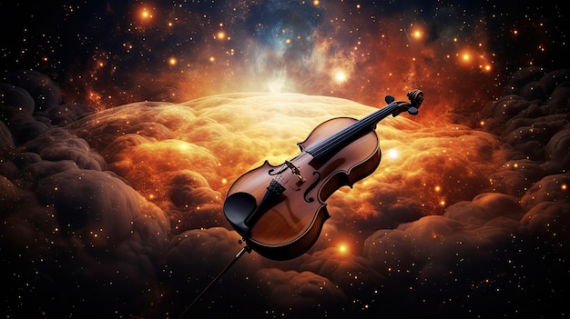 un violon vole dans le ciel avec le soleil derrière lui.