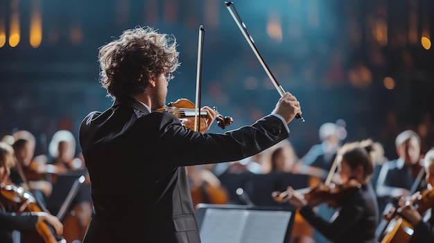 Photo un violoniste jouant sur scène avec un orchestre il porte un costume noir et une cravate et il joue du violon