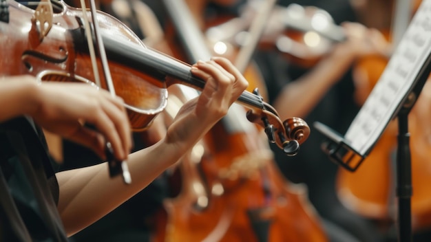 Les violonistes d'un orchestre jouent avec passion, avec concentration et synchronicité.