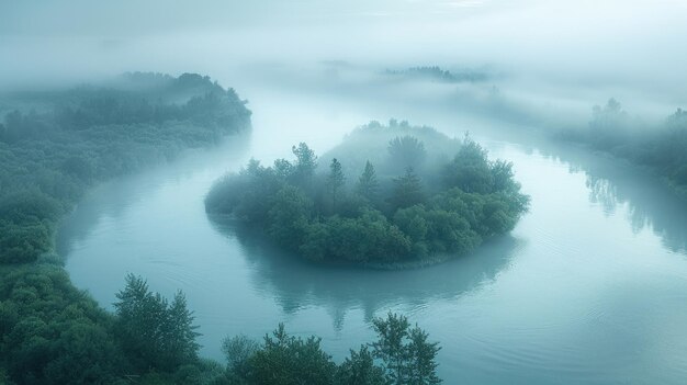 Un virage de rivière sinueux entouré d'un voile de brouillard du matin créant un sentiment de mystère et d'attrait