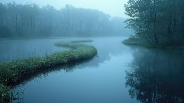 Un virage de rivière sinueux entouré d'un voile de brouillard du matin créant un sentiment de mystère et d'attrait