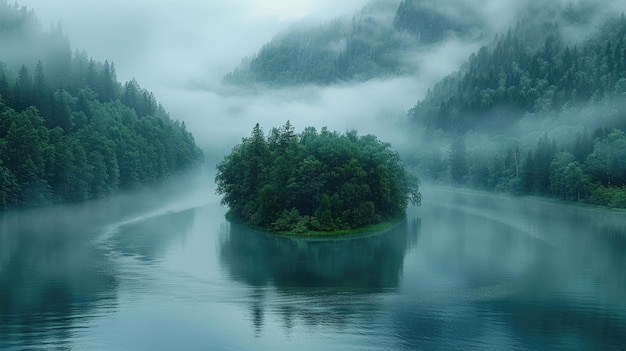 Un virage de rivière sinueux entouré d'un voile de brouillard du matin créant un sentiment de mystère et d'attrait