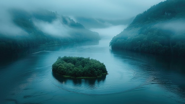 Un virage de rivière sinueux entouré d'un voile de brouillard du matin créant un sentiment de mystère et d'attrait