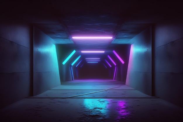 Virtual Neon Laser Purple Blue Vibrant Show Night Dark Empty Grunge Concrete Shaped Lights Réflexion lumineuse Fumée Vaisseau spatial extraterrestre brillant Illustration d'un tunnel de garage souterrain