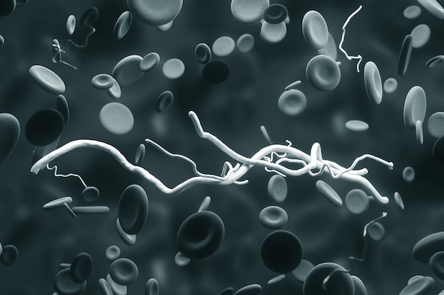 Virus blanc ou cellule bactérienne sur fond de globules gris. Concept de médecine et de science. rendu 3d