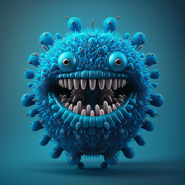 Un virus bleu et vert avec un visage et des dents bleus.