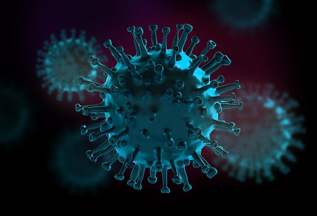 Virus Covid-19, coronavirus, virus flottant dans un environnement cellulaire. Rendu 3D du virus. Contexte avec le virus.