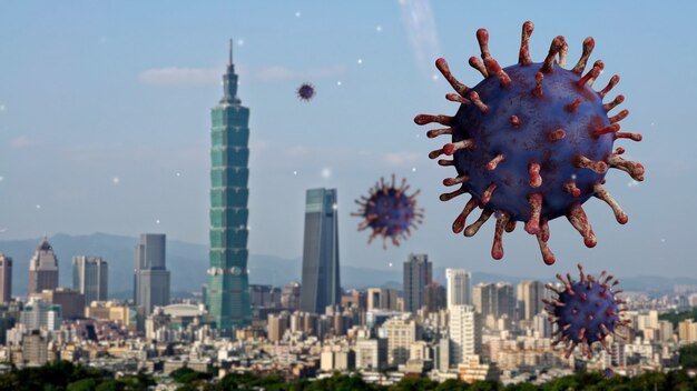 Virus de la grippe Covid 19 avec une belle et haute tour moderne dans le quartier financier de Taipei comme grippe dangereuse