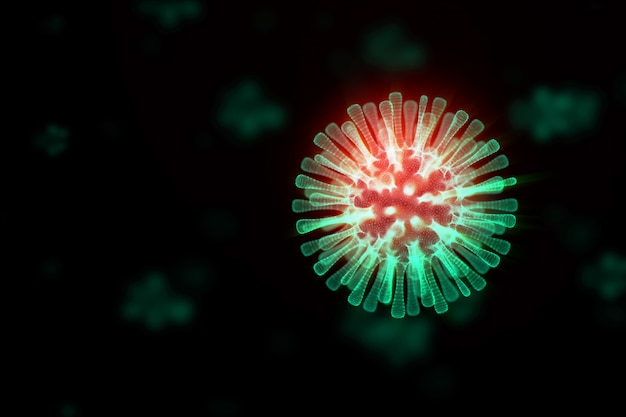 Virus de rendu filaire 3D pour le concept d'éclosion de coronavirus Covid-19, avec fond de structure chimique, 3D médical des cellules flottantes du virus de la grippe en vue microscopique, concept de risque de pandémie