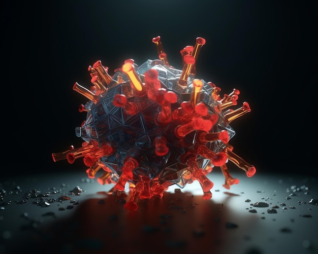 Un virus rouge et bleu est sur une surface noire