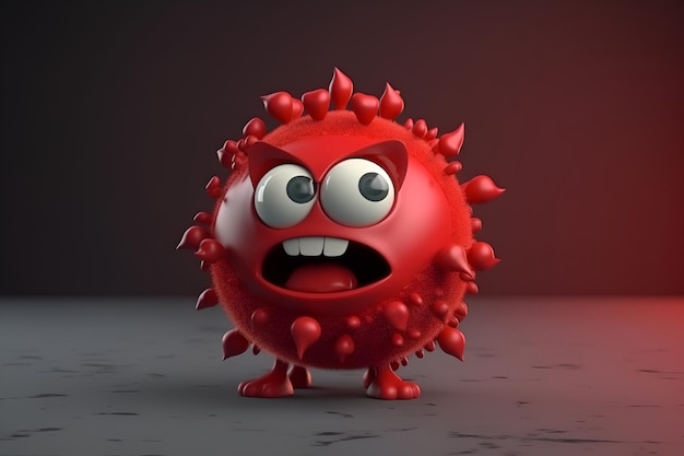 Un virus rouge avec un gros oeil et un gros nez.