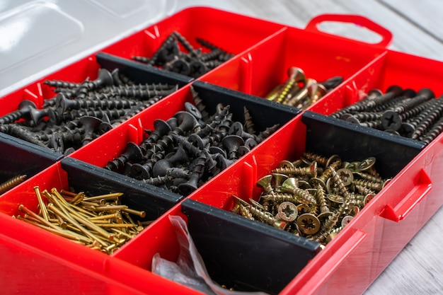 Vis, boulons, écrous et autres objets de menuiserie dans une boîte à outils en plastique (organisateur de matériel). Stock photo.