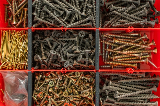 Vis, boulons, écrous et autres objets de menuiserie dans une boîte à outils en plastique (organisateur de matériel). Vue de dessus à plat. Stock photo.