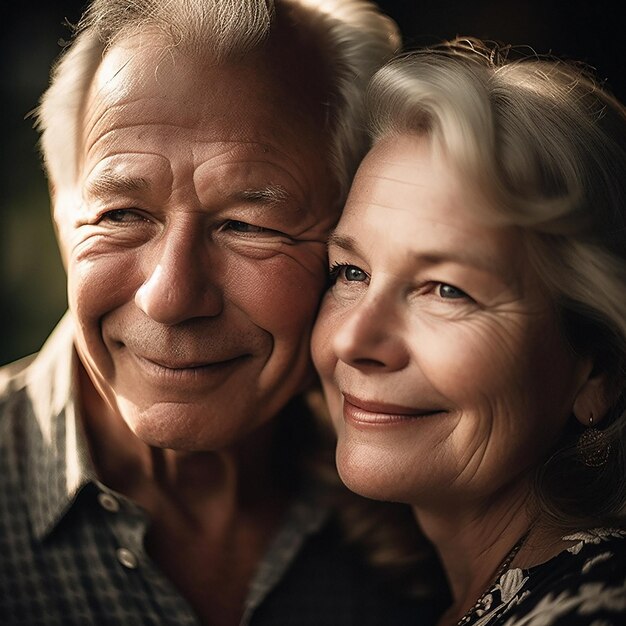 Visage d'amour et vieux couple dans une étreinte avec sourire bokeh et soirée romantique ensemble