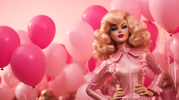 visage de Barbie souriant heureux avec des ballons roses