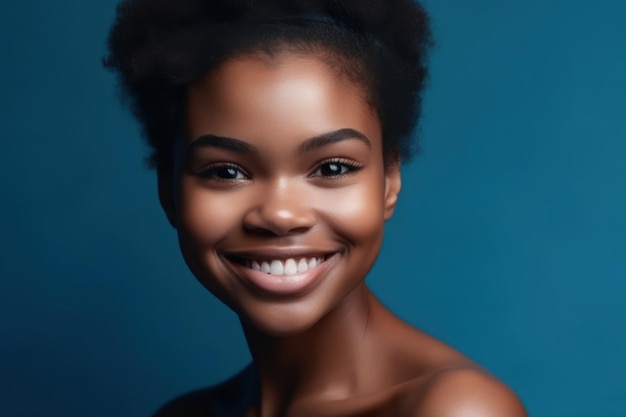 Visage de beauté femme noire souriante touchant une peau saine portrait belle fille avec une peau du visage fraîche et hydratée et un maquillage naturel sur fond bleu au concept de soins de la peau en studio
