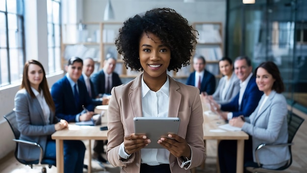 Le visage d'une belle femme d'affaires afro-américaine tenant une tablette sur le fond des gens d'affaires