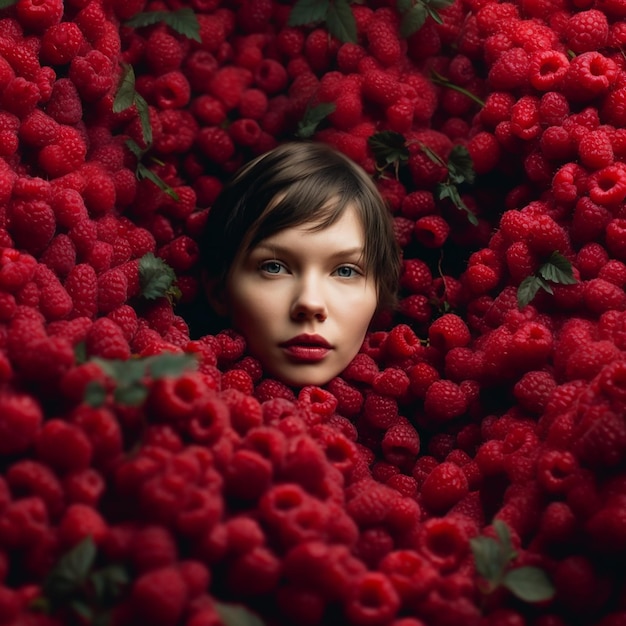 Le visage d'une belle femme encadré par le fond de framboises rouges juteuses et appétissantes