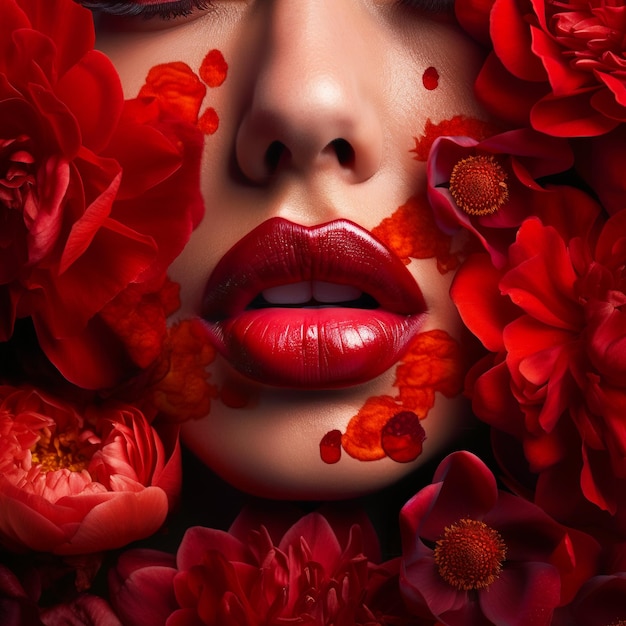 Visage d'une belle femme avec des lèvres boudeuses avec du rouge à lèvres encadré de fleurs écarlates lumineuses pivoines pétales de roses Mode maquillage soins de la peau menstruation concept de santé féminine