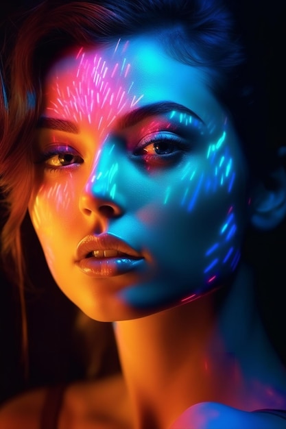 Le visage d'une belle jeune femme illuminé par une lumière LED colorée