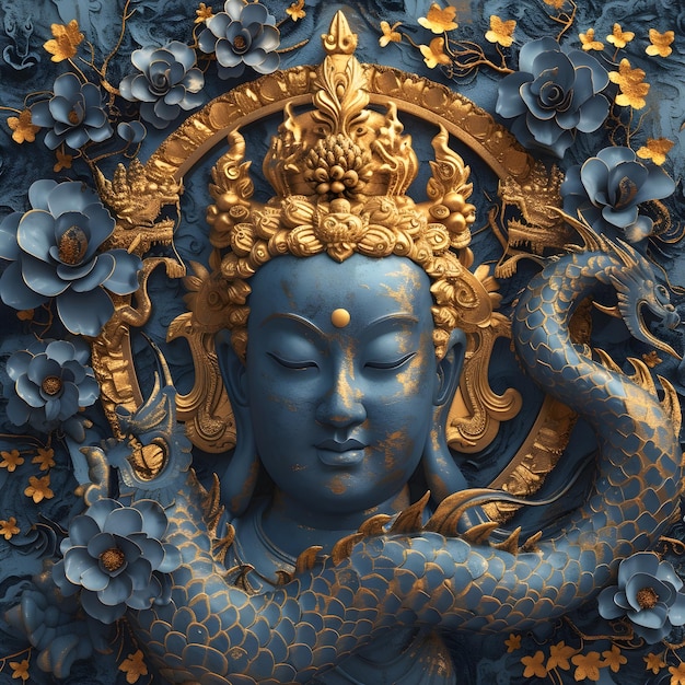 visage de bouddha avec un dragon et des fleurs