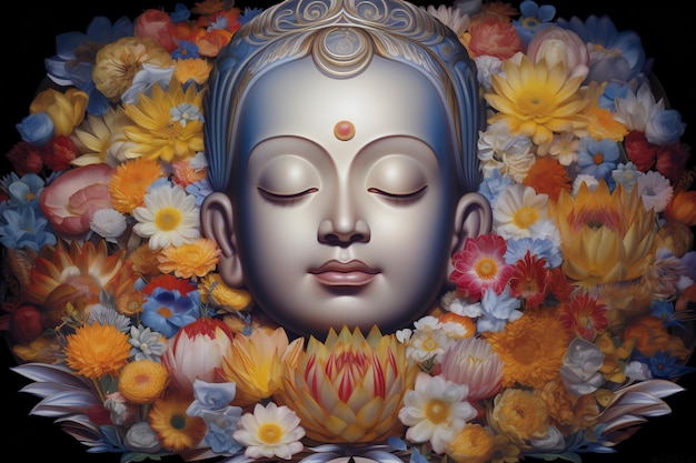 Visage de Bouddha avec des fleurs sur fond noir