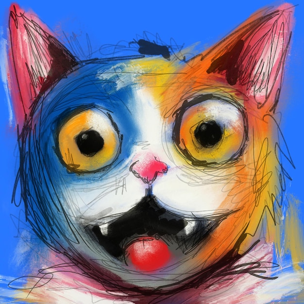 visage de chat avec des crayons de couleur et des yeux