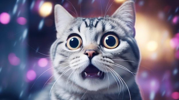 Le visage d'un chat est une toile de sa réaction heureuse inattendue