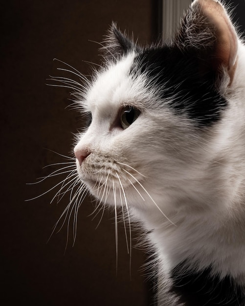 Visage de chat de profil, portrait de chaton noir et blanc.