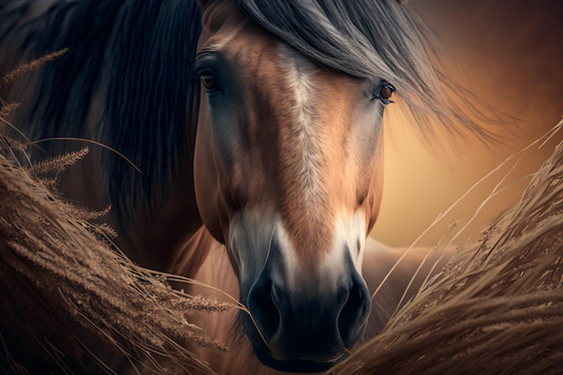 Le visage d'un cheval est montré dans cette image.