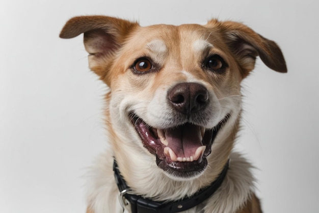 un visage de chien heureux et souriant sur un fond blanc