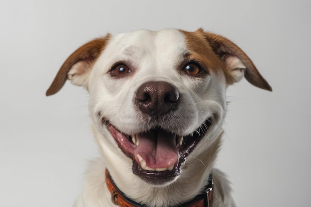 un visage de chien heureux et souriant sur un fond blanc