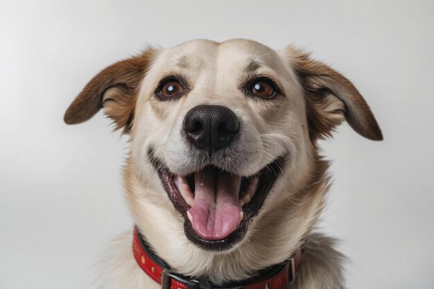 un visage de chien heureux et souriant sur un fond blanc