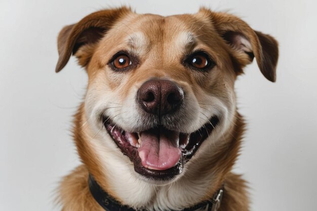 un visage de chien heureux et souriant sur un fond blanc