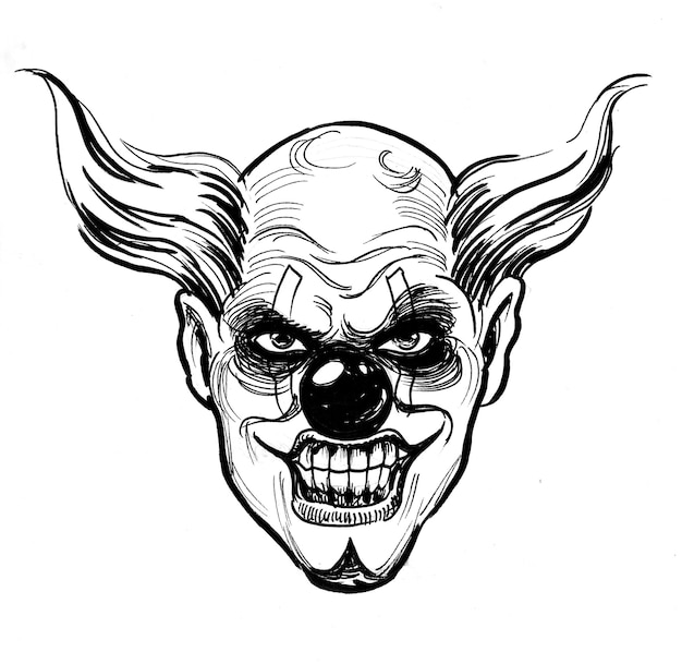 Visage de clown fou. Dessin noir et blanc à l'encre