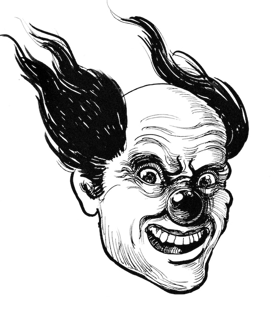 Visage de clown fou. Dessin noir et blanc à l'encre