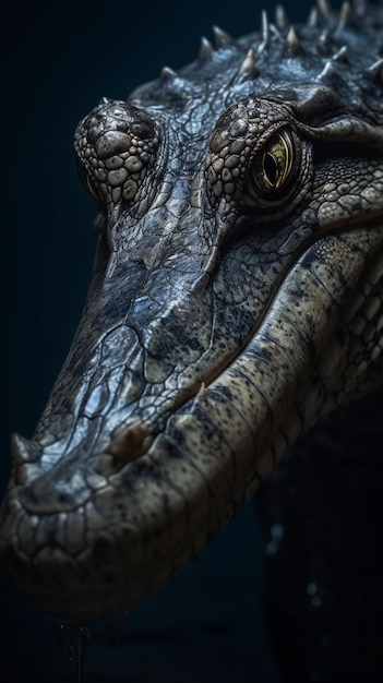 Le visage d'un crocodile est montré dans cette image.