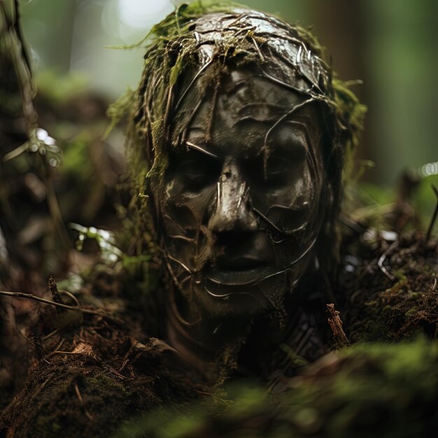 Photo un visage dans les bois avec de la mousse dessus